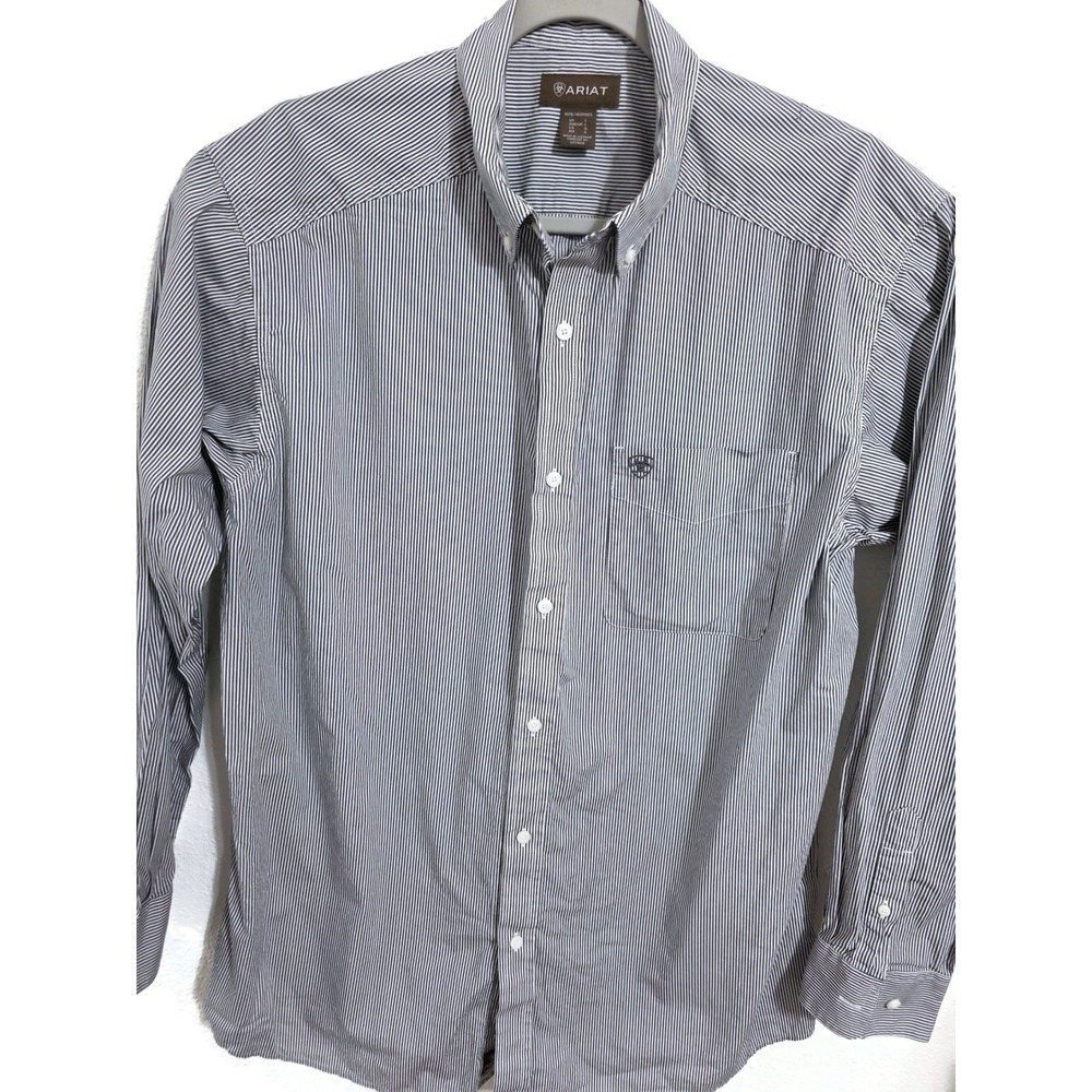 Ariat Mens Large Western Button Down Shirt Navy White Stripe Long Sleeve Cotton